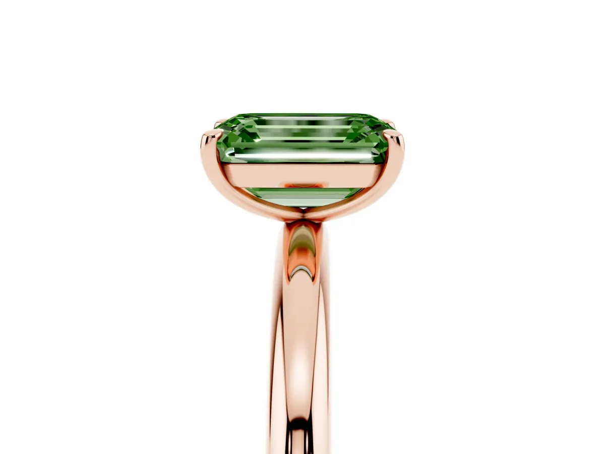 Fancy Green Emerald Cut Solitaire Diamond Ring with Four-Prong Setting on a Plain Band Rose gold