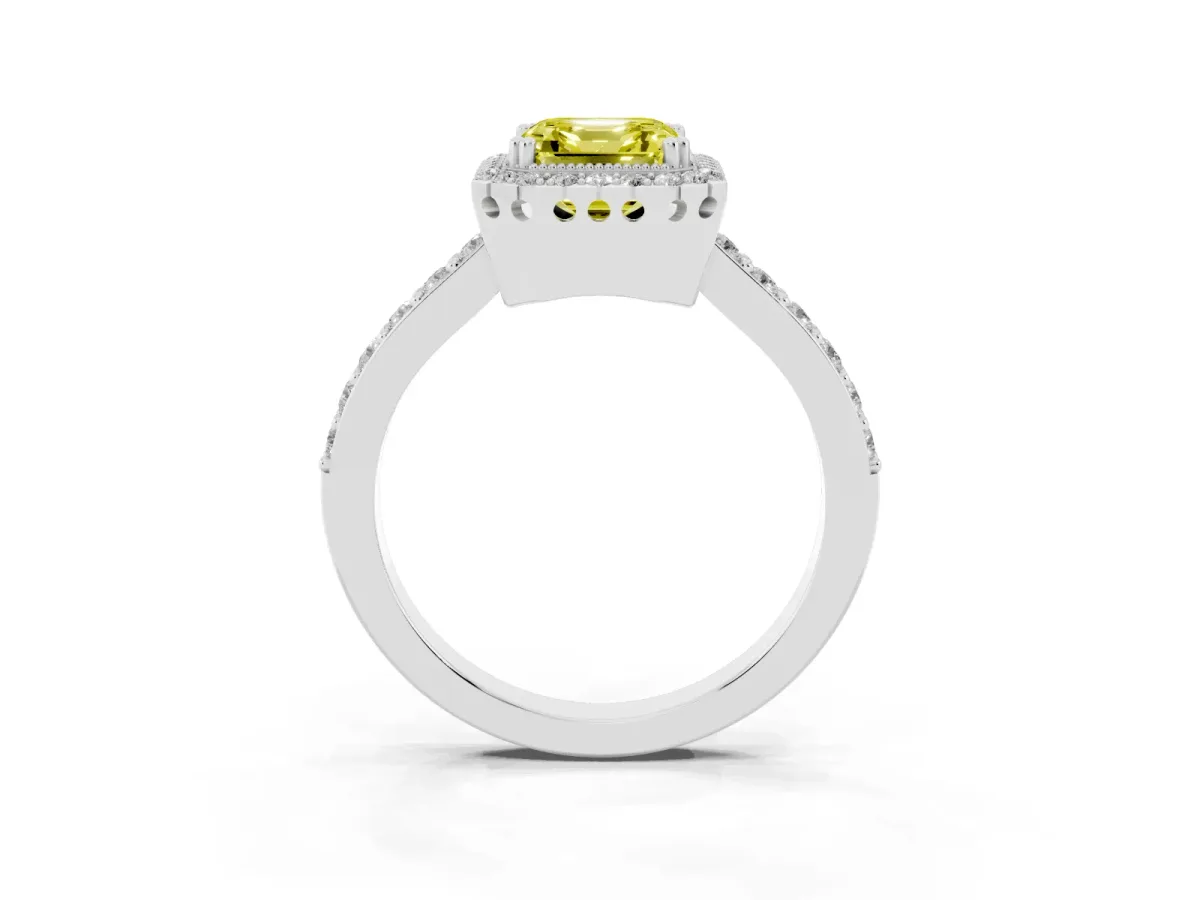 Fancy Yellow Asscher Cut Cut Diamond Halo Engagement Ring with Milgrain Detail and Pavé Band Platinum