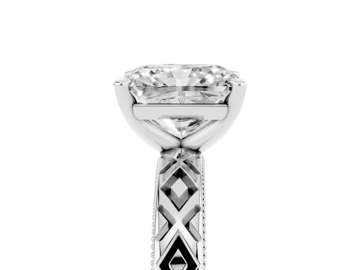 Radiant Cut Solitaire Diamond Ring with Milgrain and Black Enamel X Pattern Band Silver