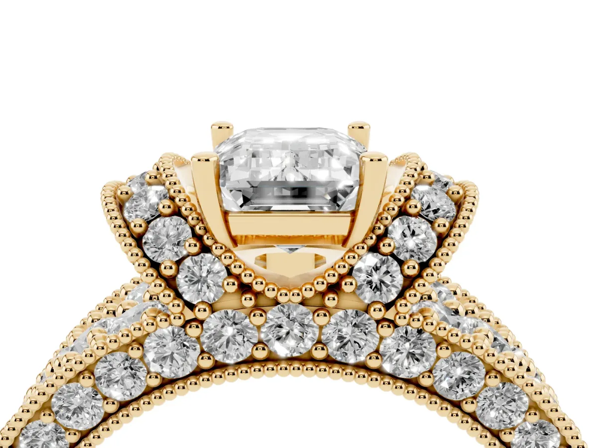Emerald Cut Halo Pave Diamond Engagement Ring with Milgrain Detailing Yellow gold
