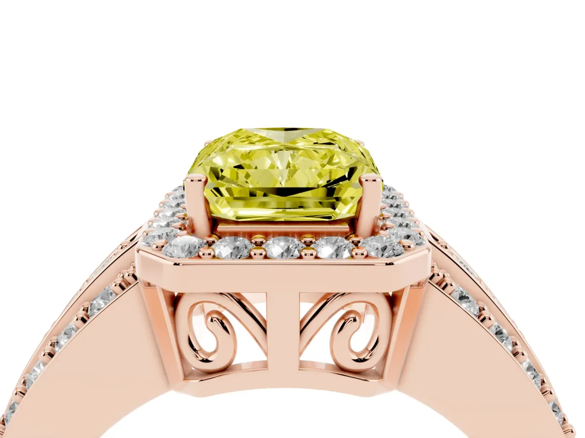 Fancy Yellow Radiant Cut Halo Diamond Ring with Round Split Shank and Prong Setting Rose gold
