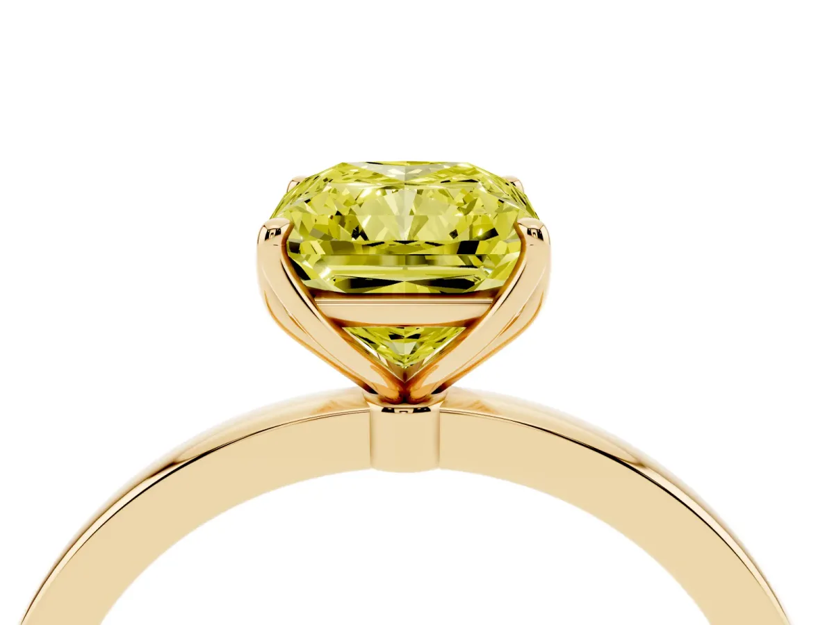 Fancy Yellow Radiant Cut Diamond Solitaire Ring with Thin Band and Prong Setting Yellow gold