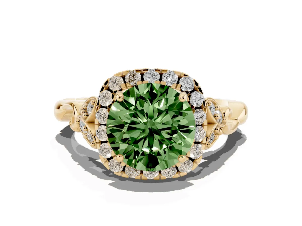 Fancy Green Round Cut Halo Diamond Engagement Ring with Vintage-Inspired Band and Four-Prong Setting Yellow gold