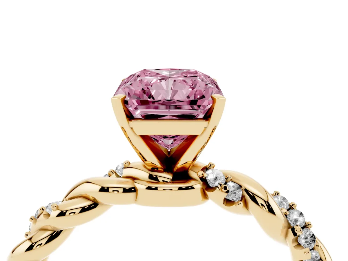 Fancy Pink Radiant Cut Diamond Solitaire Ring with Twisted Band and Pavé Accents Yellow gold
