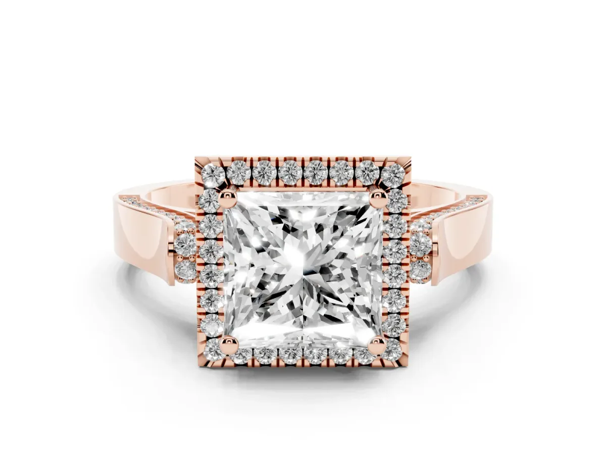 Princess Cut Halo Round Diamond Twist Band with Four-Prong Setting Rose gold