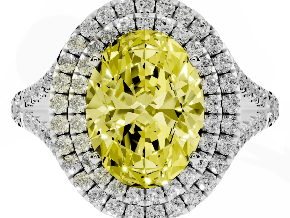 Fancy Yellow Double Halo Oval Cut Diamond Split Shank Engagement Ring with Four-Prong Setting Silver