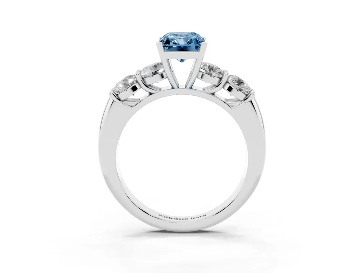 Fancy Blue Radiant Cut Cut Five-Stone Prong Set Diamond Ring with Classic Band Silver