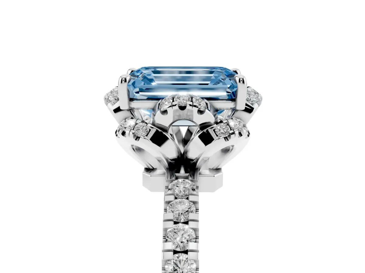 Fancy Blue Emerald Cut Halo Diamond Pave Band Ring with Four-Prong Setting Silver