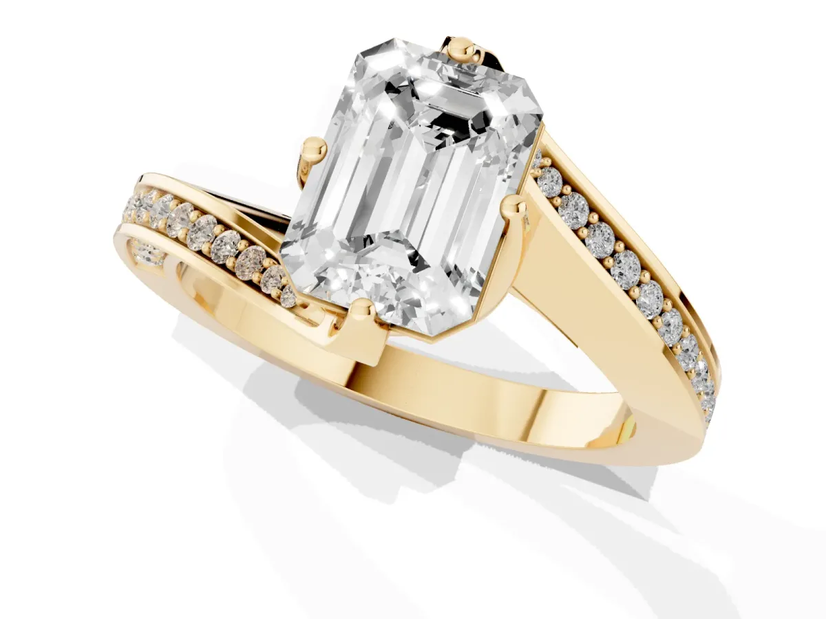 Emerald Cut Solitaire Diamond Twist Band with Pavé Setting and Four-Prong Setting Yellow gold