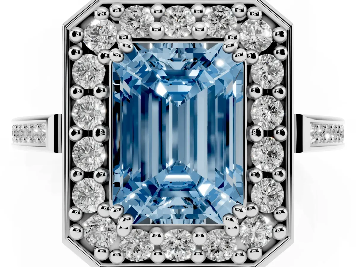 Fancy Blue Emerald Cut Diamond Halo Ring with Split Shank and Four-Prong Setting Silver