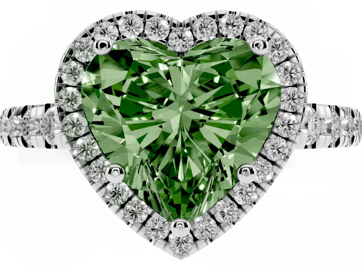 Fancy Green Heart Cut Diamond Halo Ring with Pavé Band and Four-Prong Setting Platinum