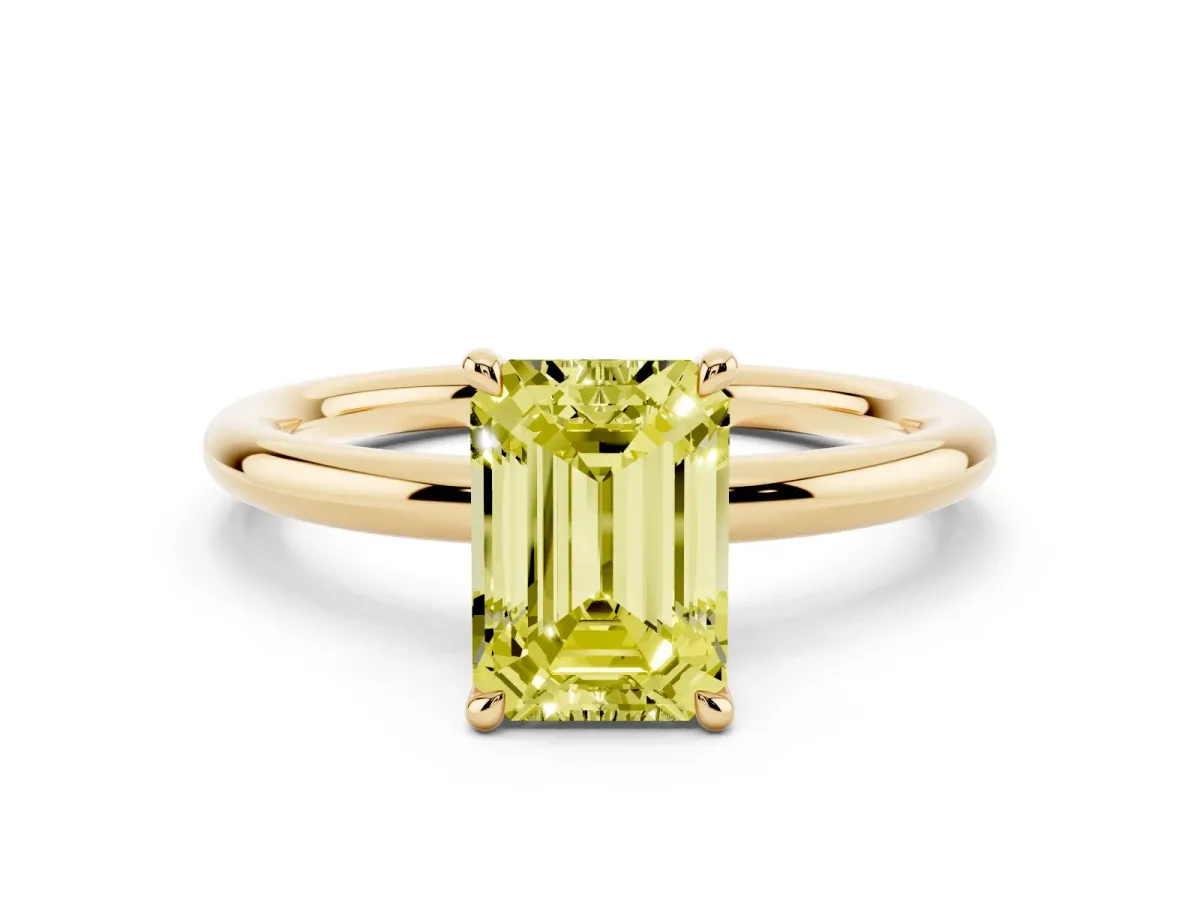 Fancy Yellow Emerald Cut Diamond Solitaire Ring with Thin Band and Four-Prong Setting Yellow gold