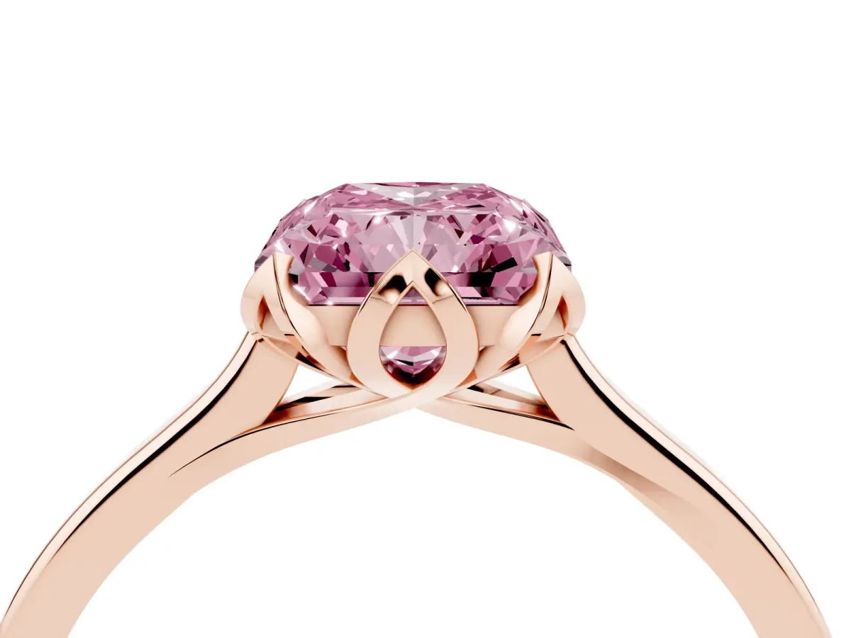 Fancy Pink Radiant Cut Diamond Solitaire Ring with Flower Prong Setting and Classic Band Rose gold