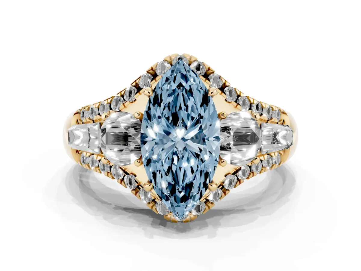 Fancy Blue Three-Stone Marquise Cut Diamond Engagement Ring with Pave Band and Prong Setting Yellow gold
