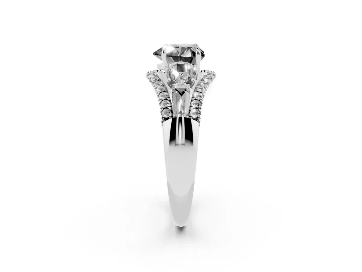 Fancy Black Three-Stone Heart Cut Diamond Engagement Ring with Pave Band and Prong Setting Silver