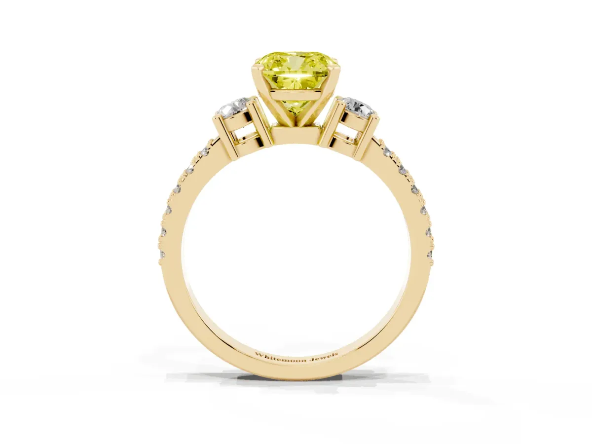 Fancy Yellow Cushion Cut Three-Stone Diamond Pavé Band with Prong Setting Yellow gold