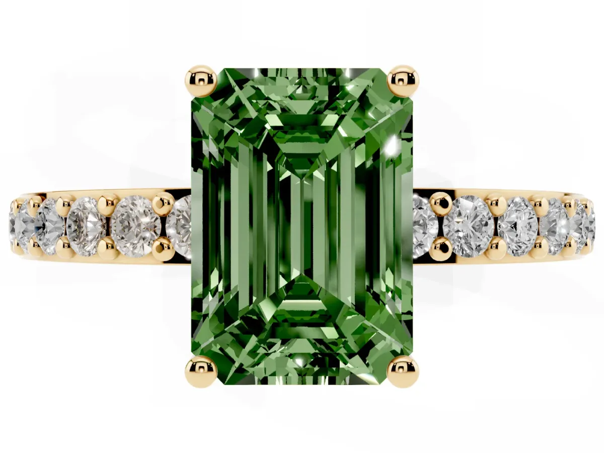 Fancy Green Emerald Cut Cut Diamond Solitaire with Pave Band and Four-Prong Setting Yellow gold