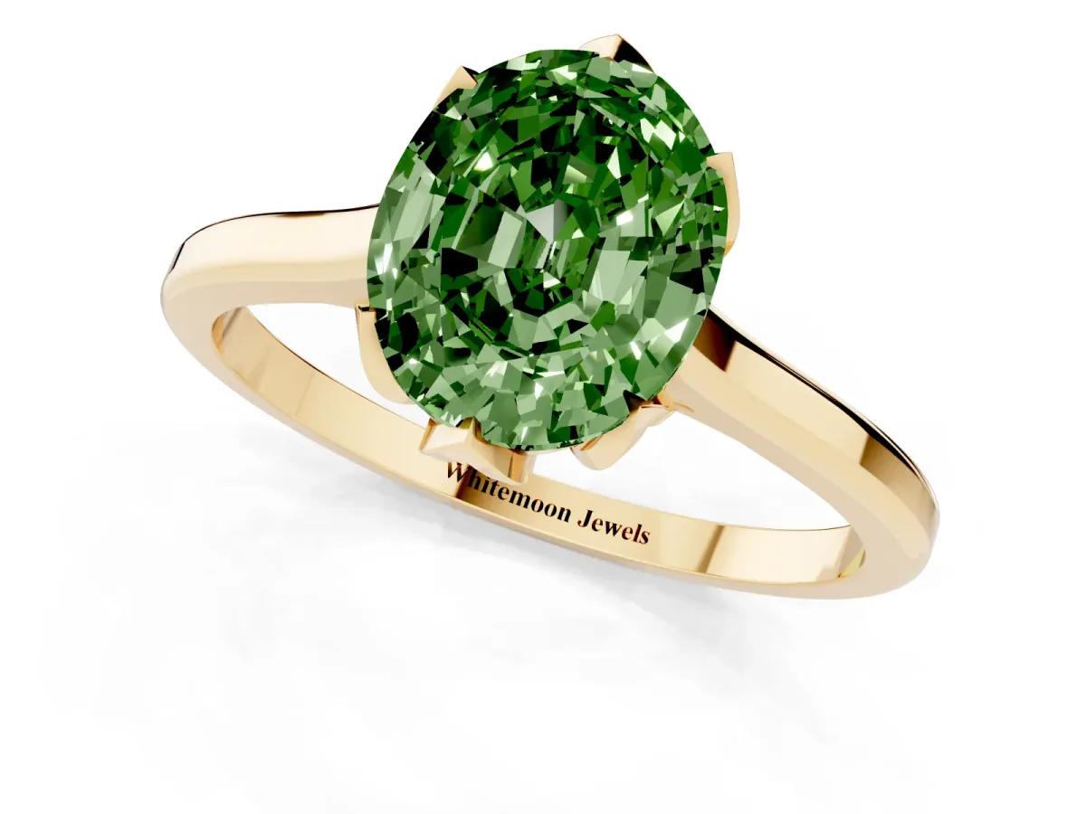 Fancy Green Oval Cut Diamond Solitaire Ring with Flower Prong Setting and Classic Band Yellow gold
