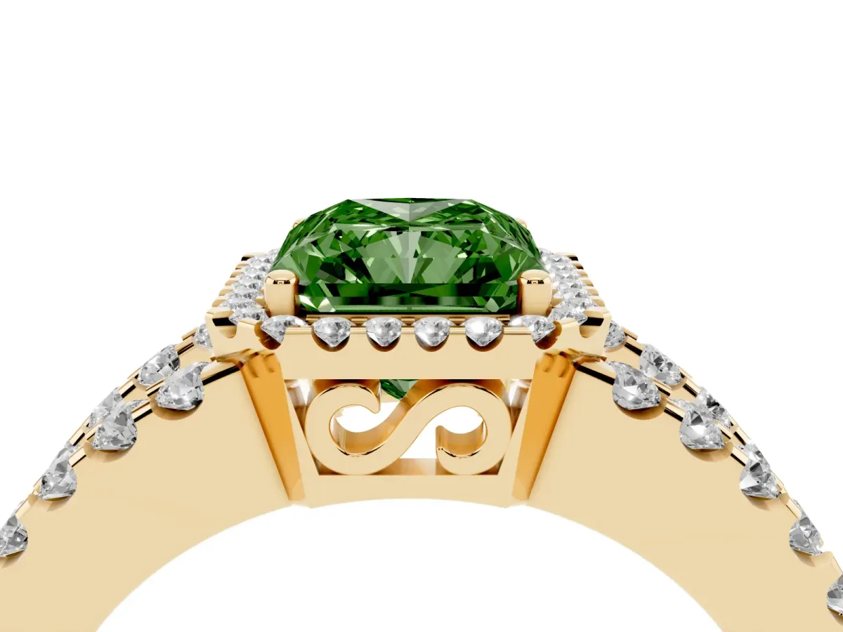 Fancy Green Radiant Cut Cut Halo Split Shank Diamond Ring with Four-Prong Setting Yellow gold