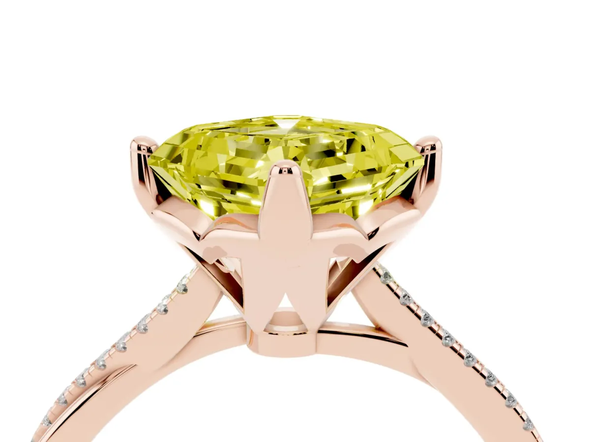 Fancy Yellow Asscher Cut Solitaire Twist Band with Pavé Diamonds and Four-Prong Setting Rose gold