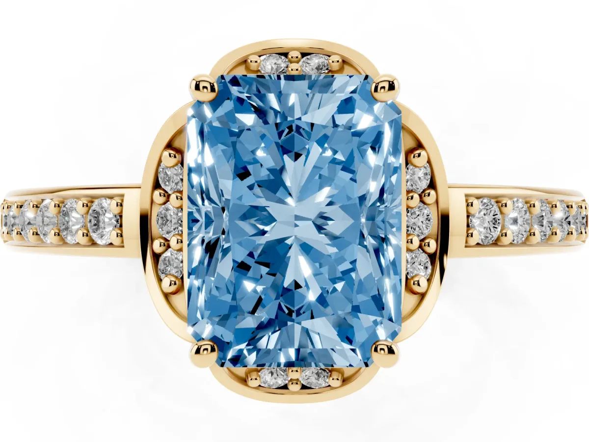 Fancy Blue Radiant Cut Cut Halo Diamond Ring with Channel Set Band and Four-Prong Setting Yellow gold