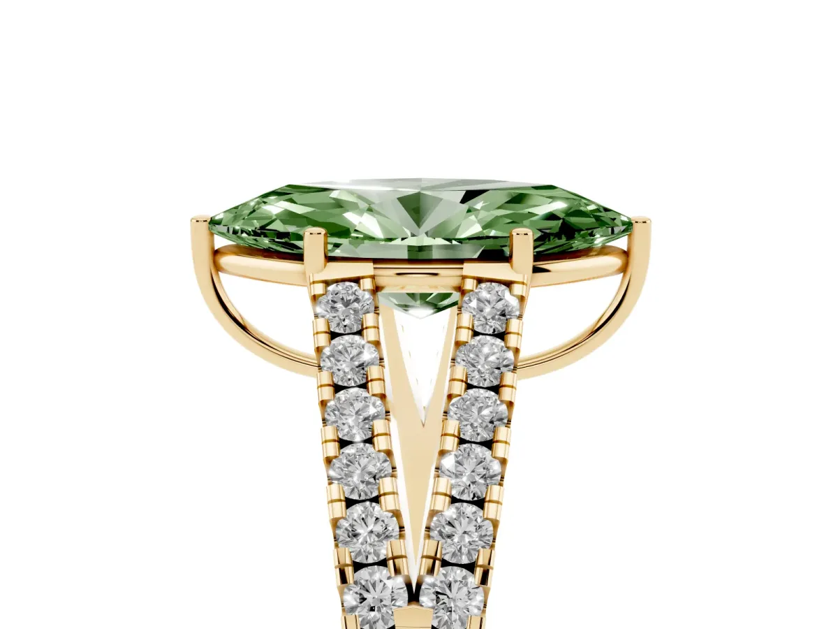 Fancy Green Marquise Cut Diamond Split Shank Engagement Ring with Round Pavé and Prong Setting Yellow gold