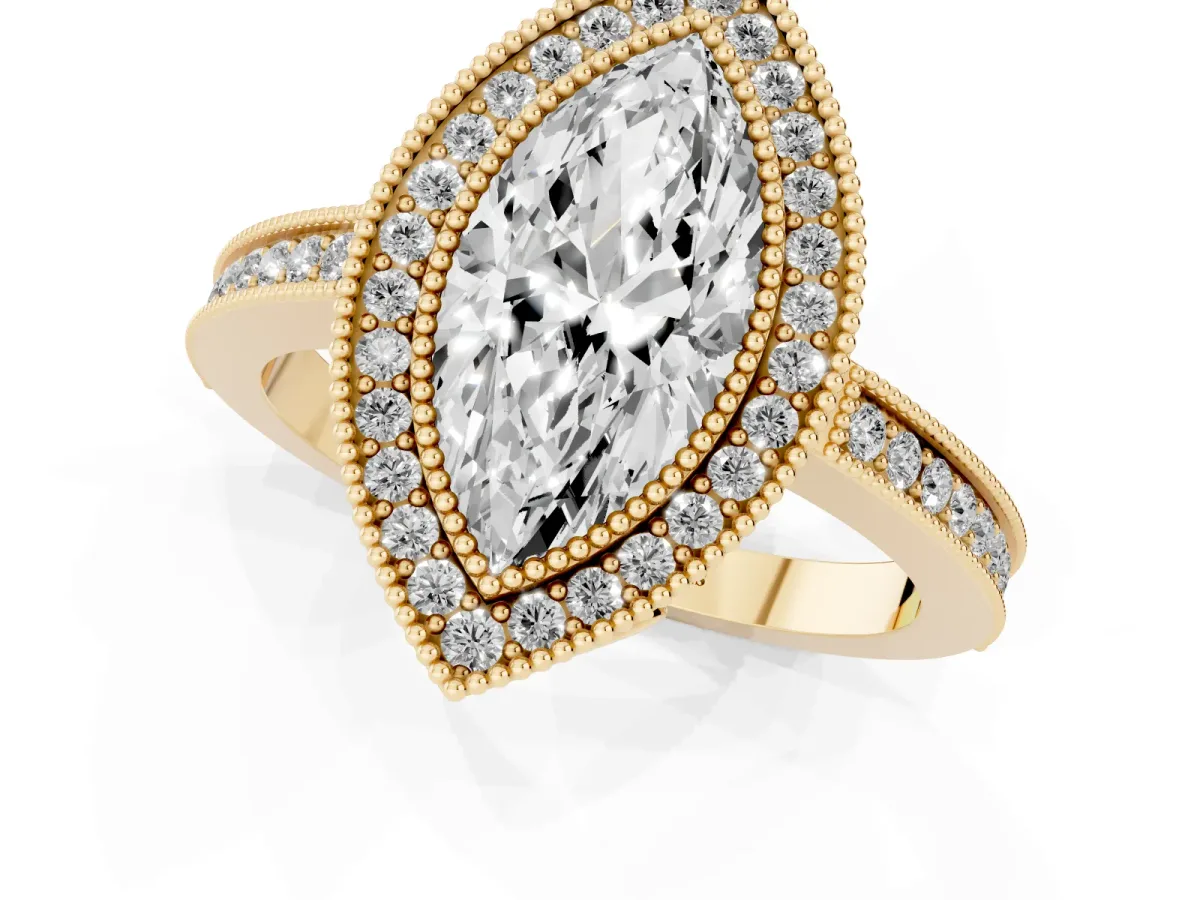 Marquise Cut Cut Halo Diamond Ring with Pavé Band and Milgrain Prong Setting Yellow gold