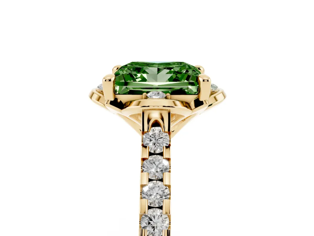 Fancy Green Princess Cut Diamond Ring with Pavé Band and Floral Prong Setting Yellow gold