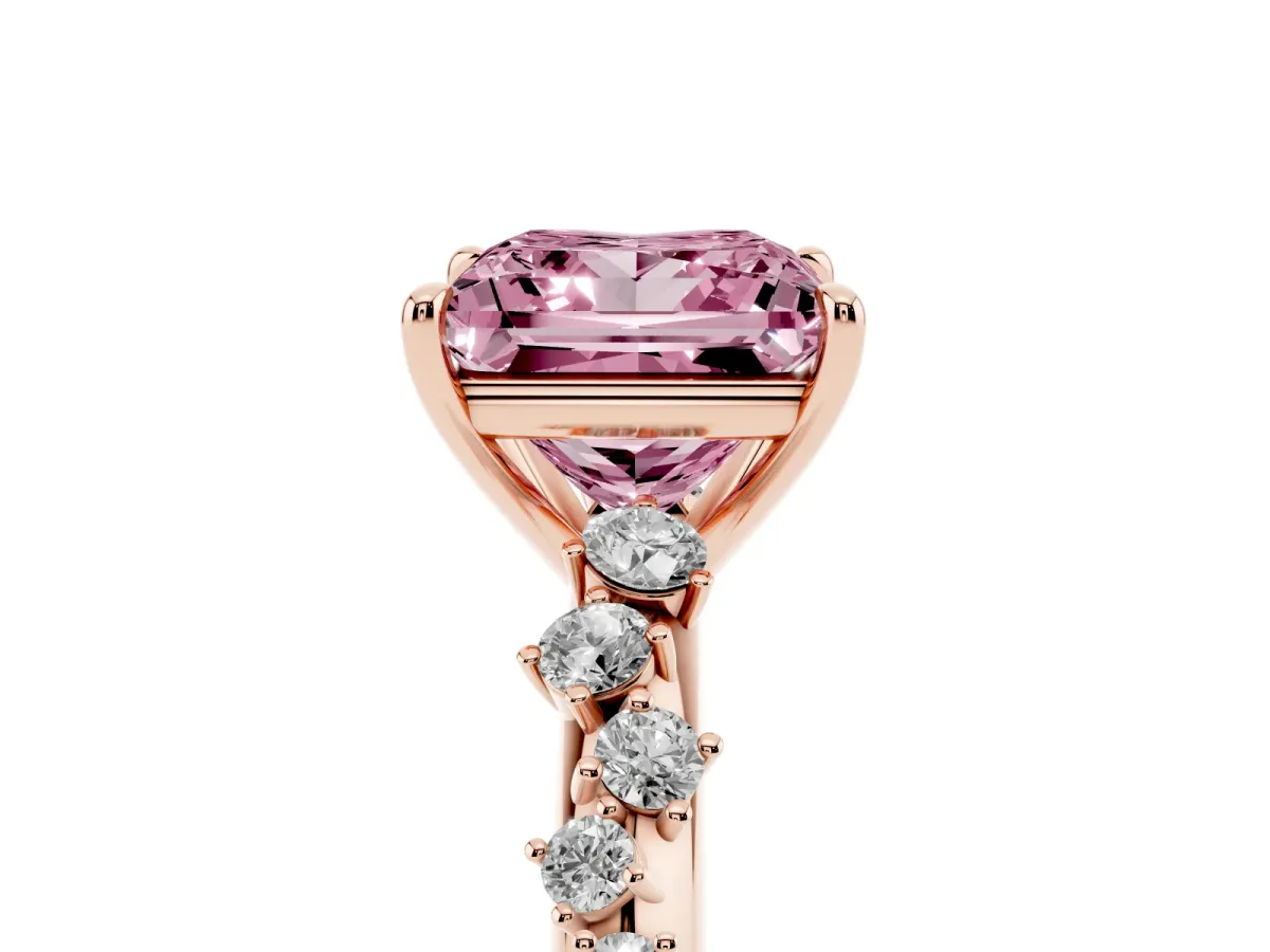 Fancy Pink Princess Cut Diamond Cluster Side Stone Solitaire Ring with Prong Setting Rose gold