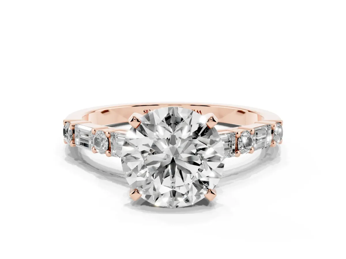 Round Cut Diamond Solitaire with Side Baguettes and Channel Set Band Rose gold
