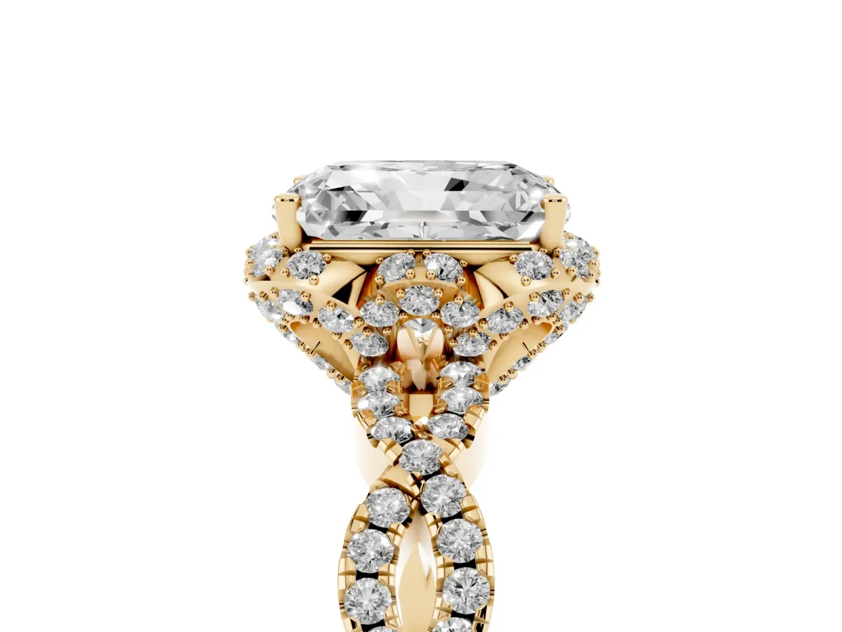 Radiant Cut Halo Twist Band Solitaire Ring with Six-Prong Setting Yellow gold