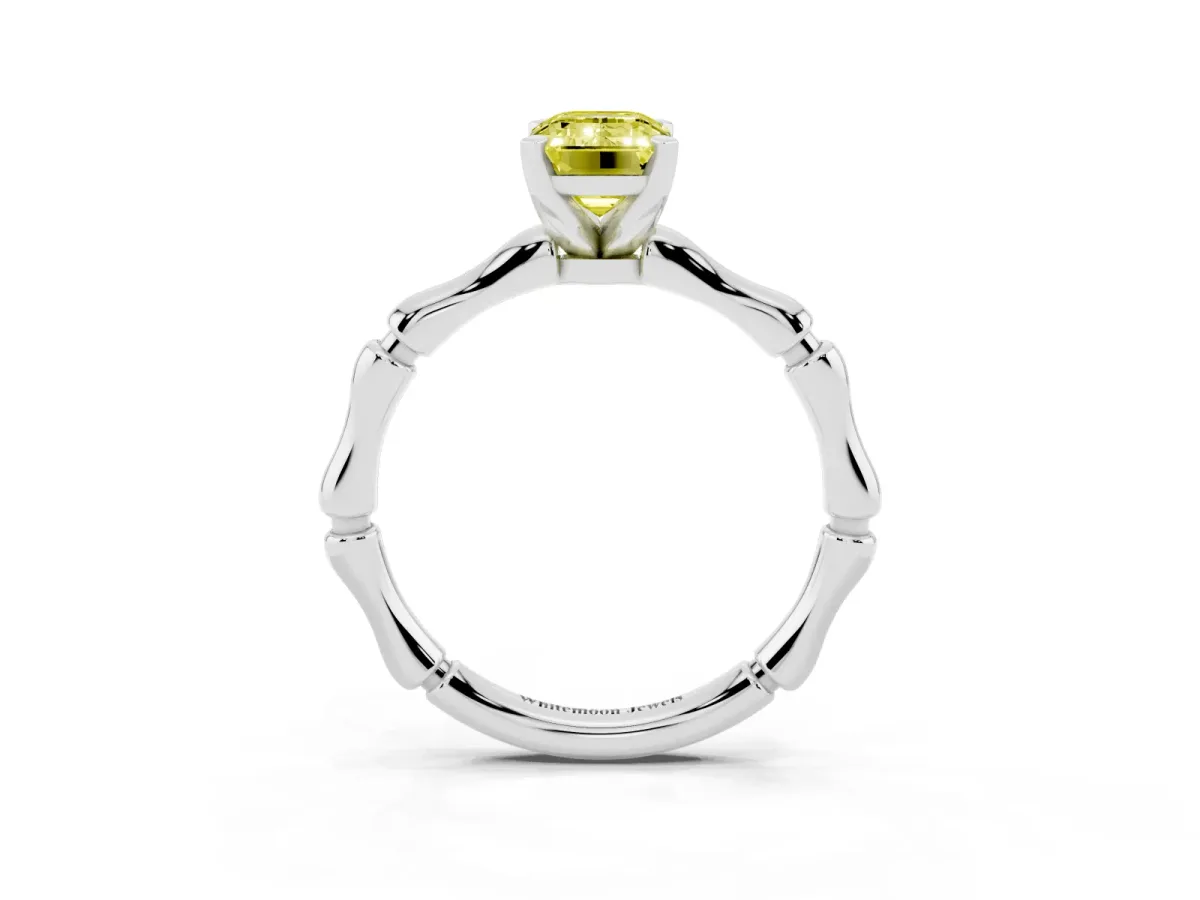 Fancy Yellow Emerald Cut Solitaire Diamond Ring with Bamboo Band and Four-Prong Setting Silver
