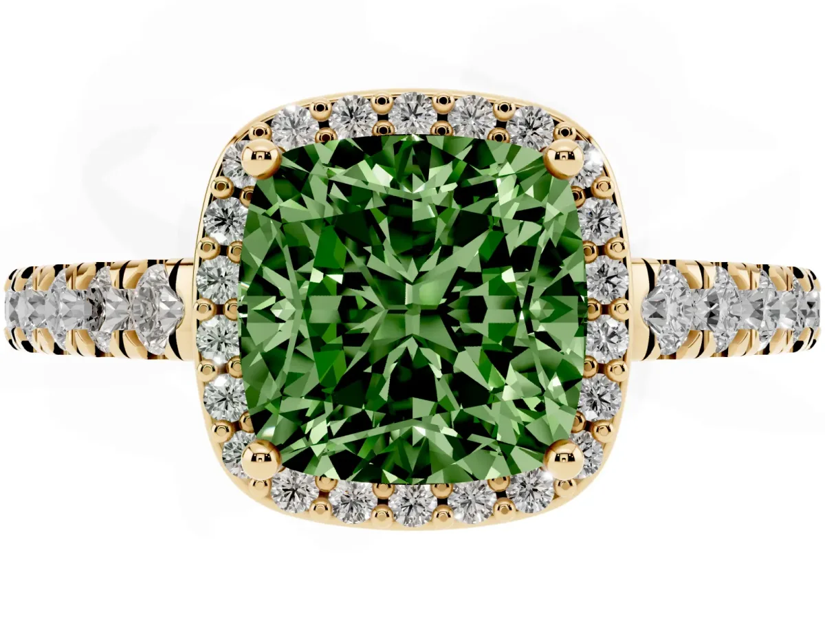 Fancy Green Cushion Cut Cut Halo Diamond Engagement Ring with Pave Band and Four-Prong Setting Yellow gold