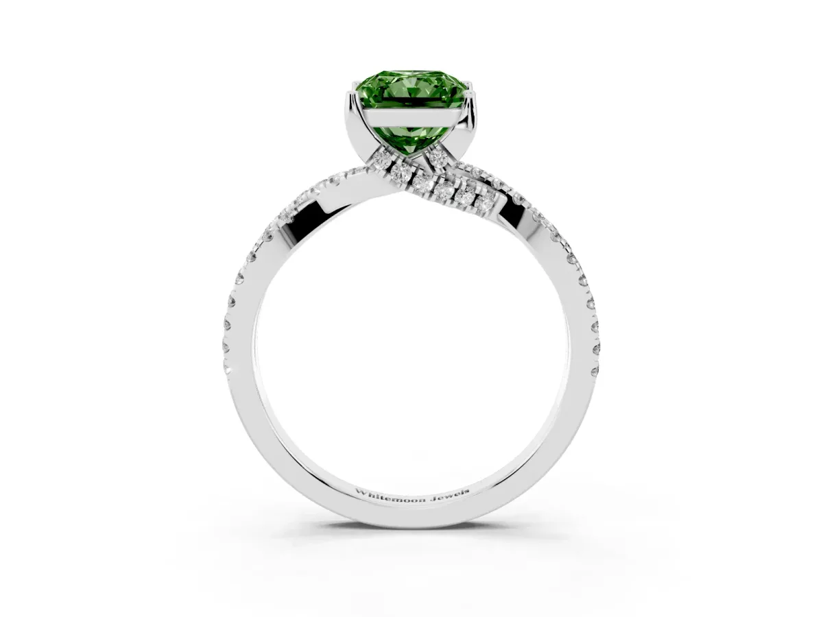 Fancy Green Radiant Cut Solitaire Twist Pave Diamond Engagement Ring with Prong Setting Silver