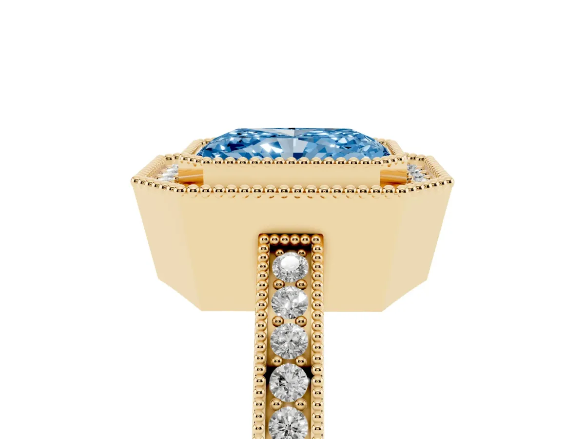 Fancy Blue Radiant Cut Cut Halo Diamond Ring with Pavé Band and Milgrain Prong Setting Yellow gold
