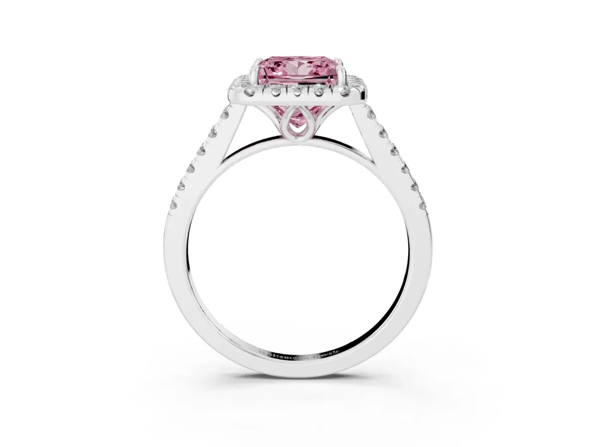 Fancy Pink Princess Cut Halo Pavé Diamond Engagement Ring with Four-Prong Setting Silver