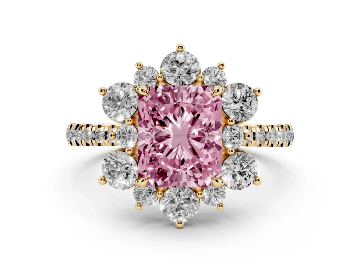 Fancy Pink Radiant Cut Diamond Floral Halo Ring with Round Pavé Band and Prong Setting Yellow gold