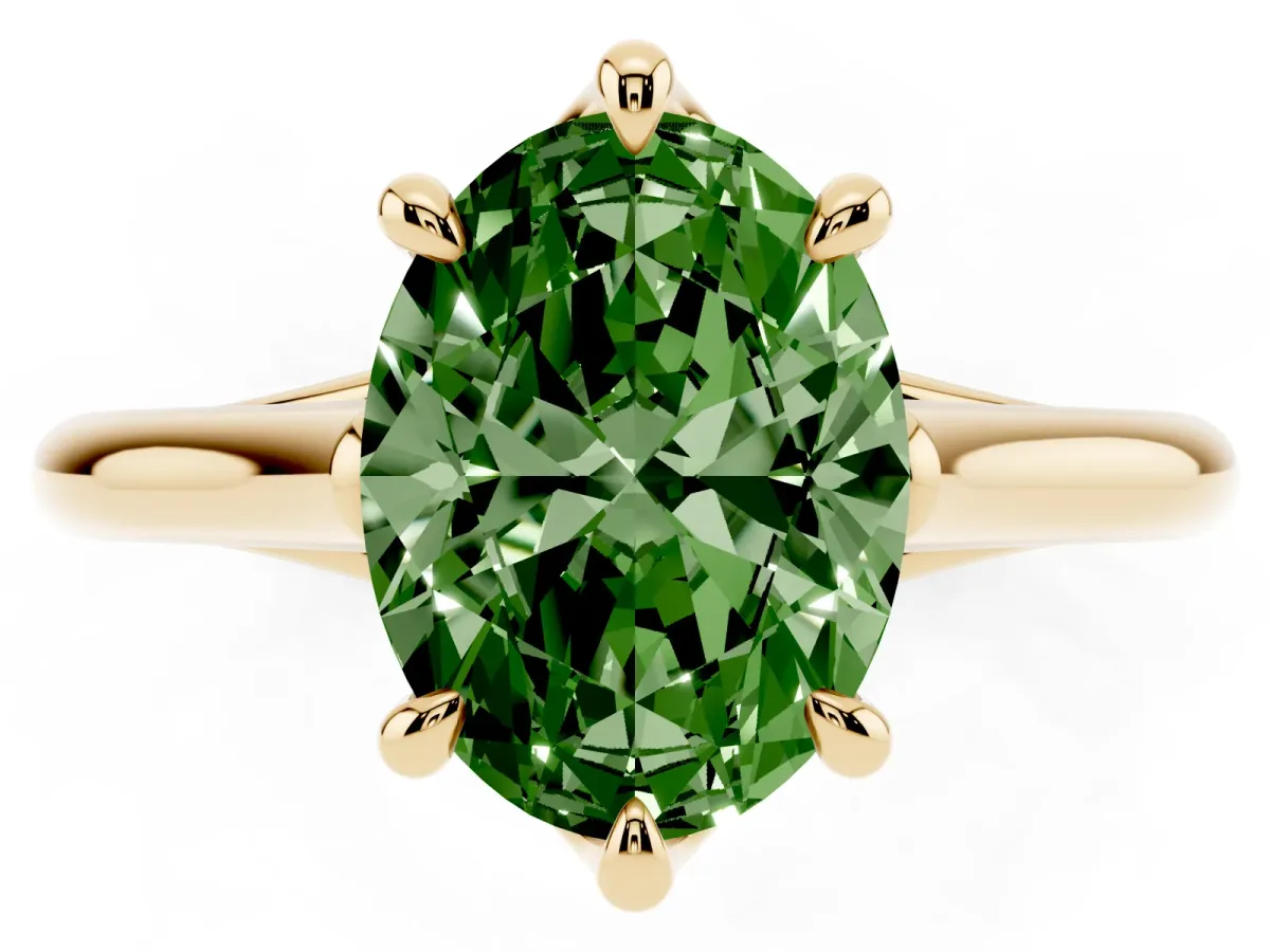 Fancy Green Oval Cut Solitaire Engagement Ring with Six-Prong Setting and Classic Band Yellow gold