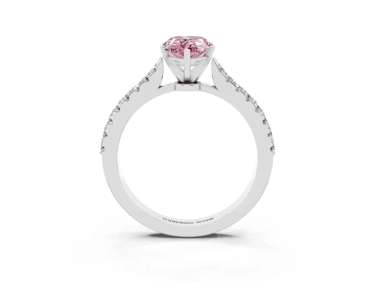Fancy Pink Pear Cut Cut Solitaire Diamond Engagement Ring with Pave Band and Four-Prong Setting Platinum