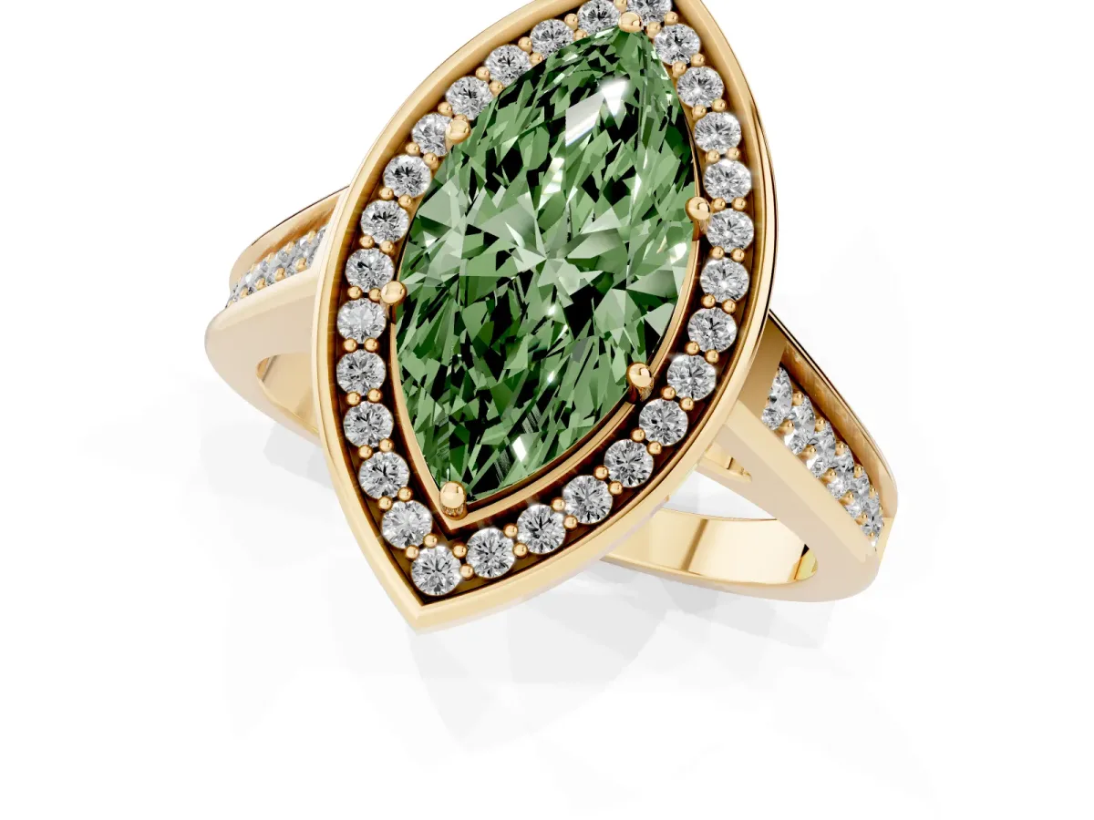 Fancy Green Marquise Cut Halo Solitaire Diamond Ring with Pave Band and Bezel Setting Yellow gold