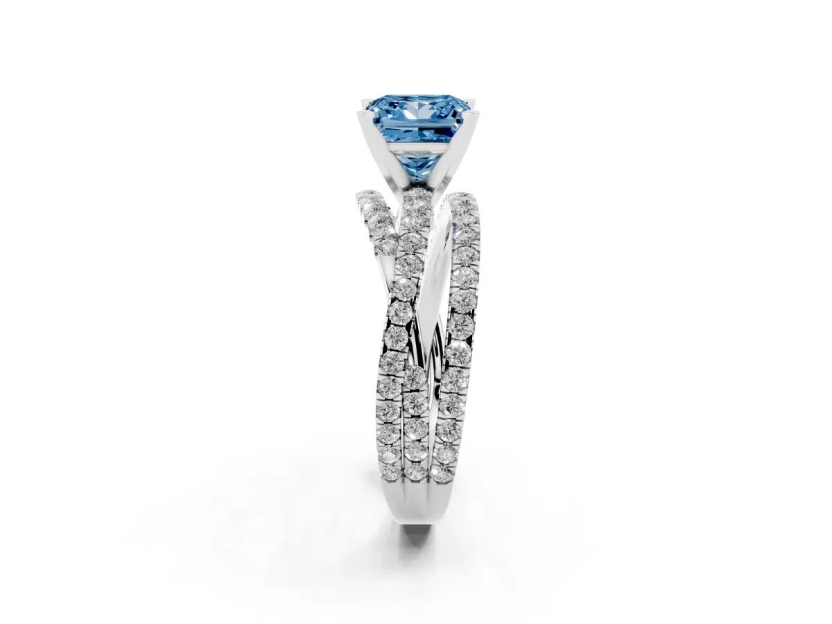 Fancy Blue Princess Cut Solitaire Twist Band with Pavé Setting and Four-Prong Setting Silver