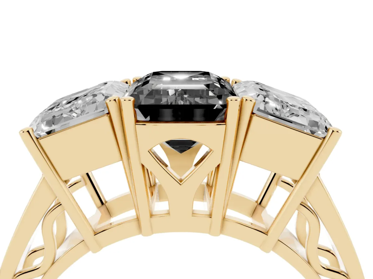 Fancy Black Emerald Cut Diamond Three-Stone Ring with Prong Setting and Textured Band Yellow gold