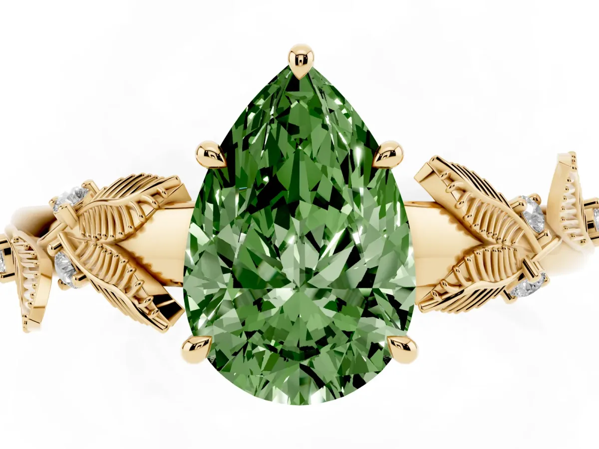 Fancy Green Pear Cut Diamond Solitaire Ring with Leaf Motif Band and Four-Prong Setting Yellow gold