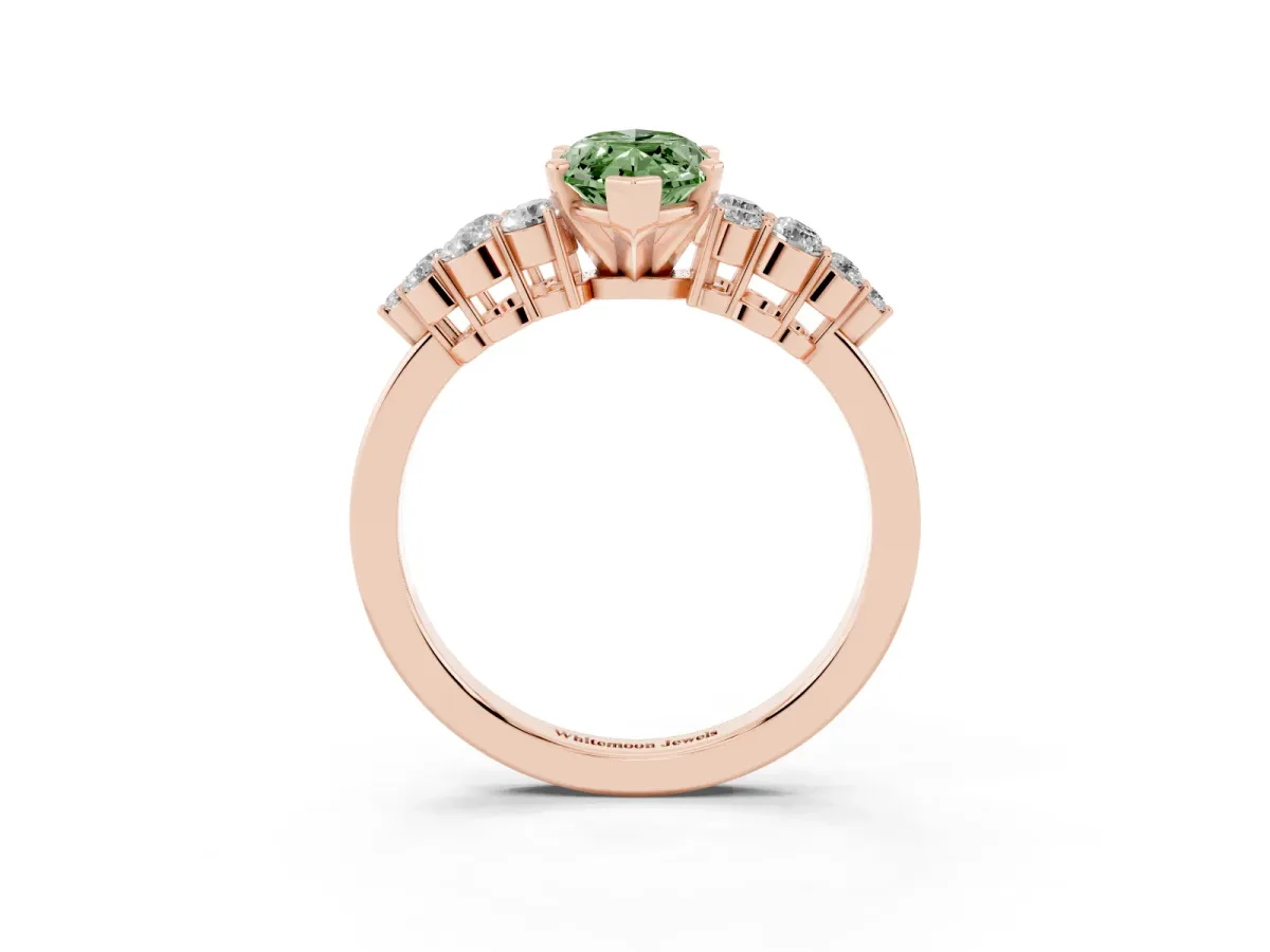 Fancy Green Marquise Cut Cluster Diamond Engagement Ring with Pavé Band and Four-Prong Setting Rose gold