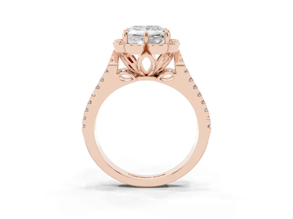 Princess Cut Halo Diamond Floral Split Shank Engagement Ring Rose gold