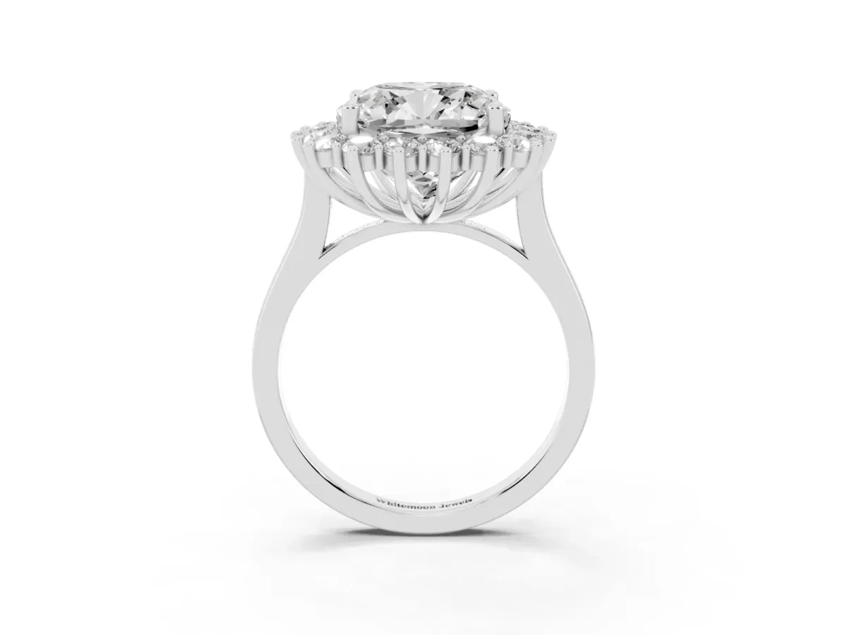 Cushion Diamond Halo Engagement Ring with Round Diamond Accents White gold