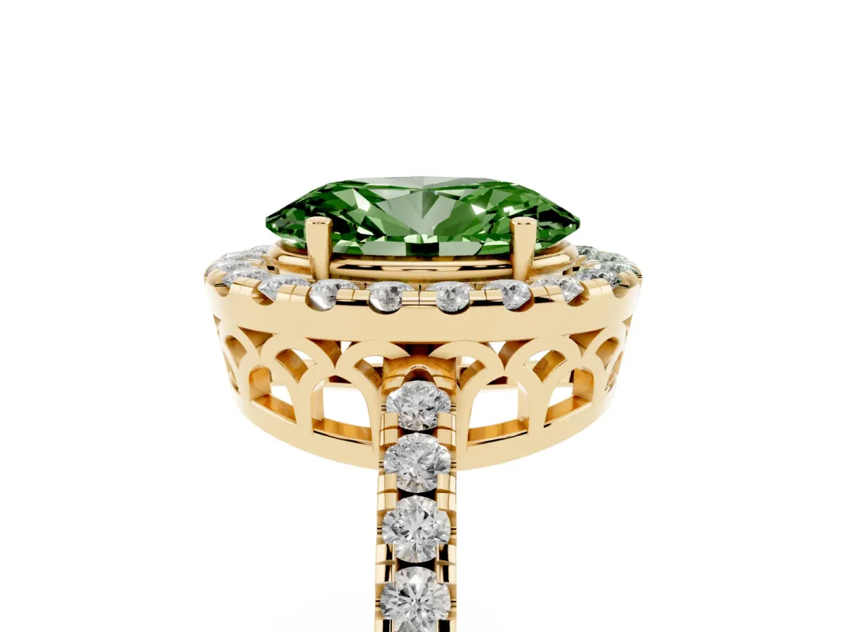 Fancy Green Oval Cut Halo Diamond Engagement Ring with Pavé Band and Four-Prong Setting Yellow gold