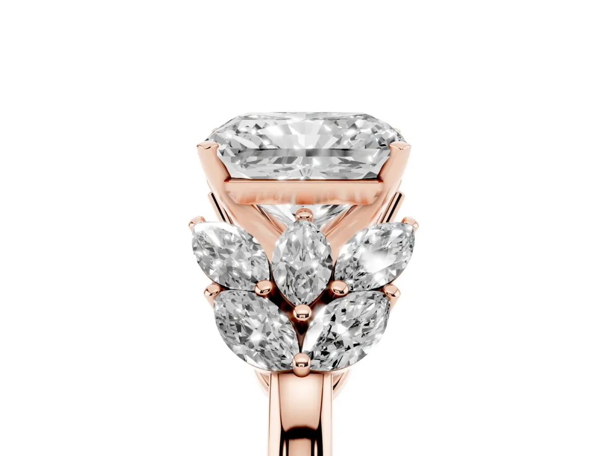 Radiant Cut Diamond Cluster Leaf Design Ring with Prong Setting Rose gold