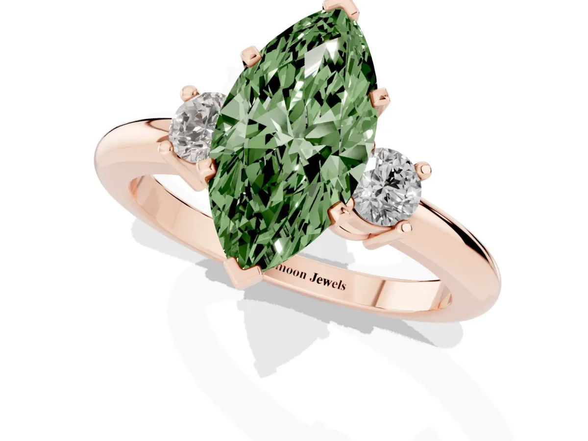 Fancy Green Three-Stone Marquise Cut Cut Diamond Solitaire with Prong Setting and Classic Band Rose gold