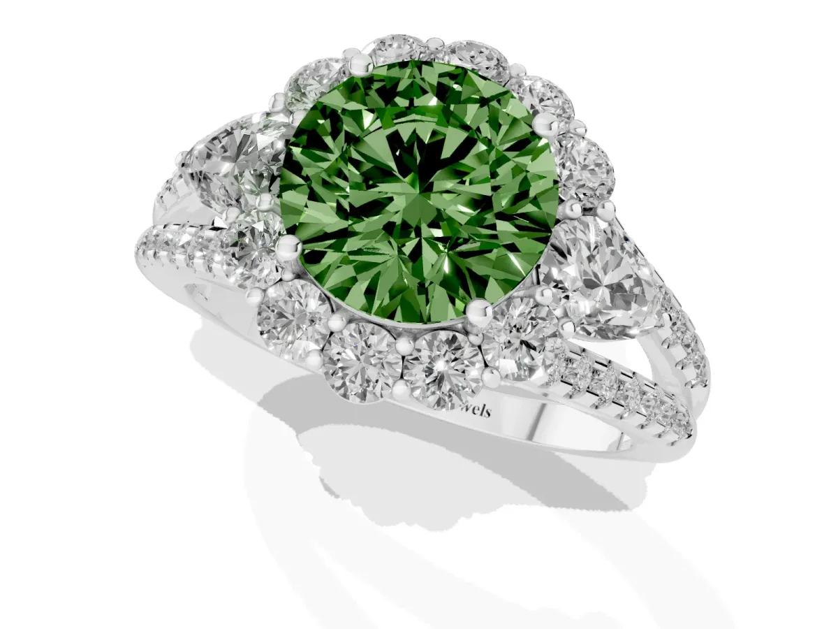 Fancy Green Round Cut Halo Split Shank Diamond Engagement Ring with Prong Setting Silver